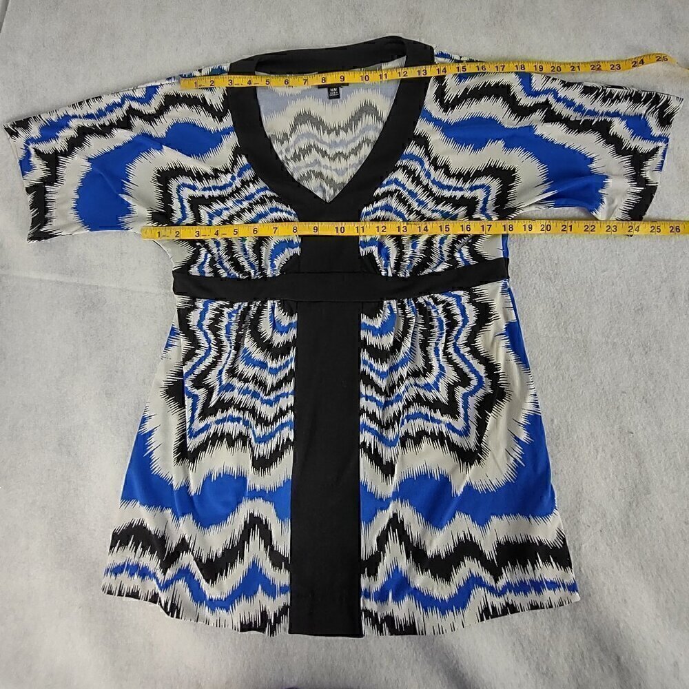 Nicole Miller Womens Patterned Kimono Sleeve Black Blue White Blouse Size M - Picture 7 of 11